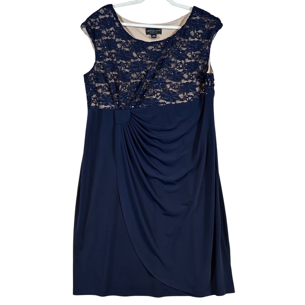 Womens Navy Blue Lace Sequin Draped‎ Sheath Dress 18W Connected Apparel Plus